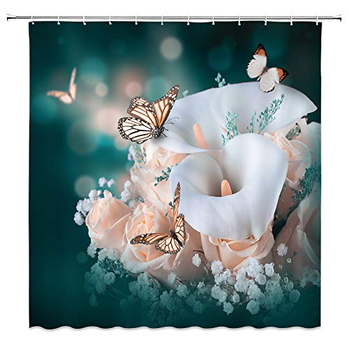 BCNEW Rideau de Douche en Polyester résistant à la moisissure Rose Papillon 177 x 177 cm Lavable Cover