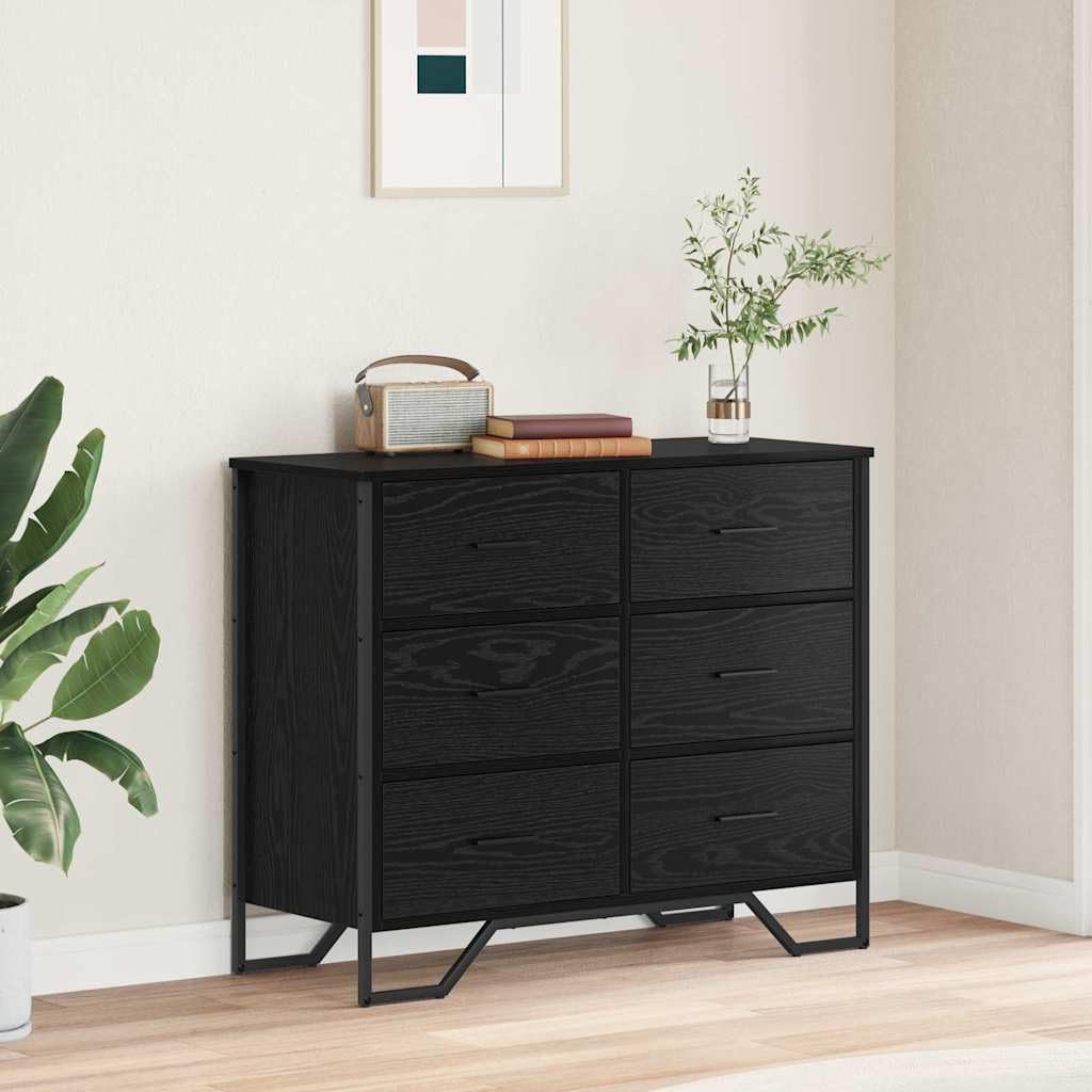 Cómoda de 6 cajones compacta de madera negra para organizar ropa en pasillos y estancias pequeñas