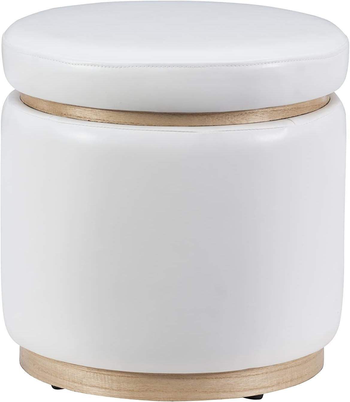 Linon Lexington White Faux Leather Round Storage Ottoman with Wood Accent