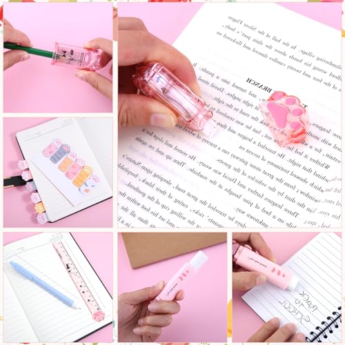 HJZHII 7 teiliges Schreibwaren Set mit niedlichen Katzenpfoten, Cartoon Kawaii Einziehbarer Bleistiftspitzer Korrekturband Radiergummi Haftnotizen Lineal Mini-Schere und Allzweckschneider (Rosa)