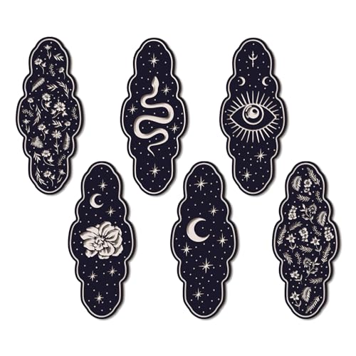 CHDITB Black Witchy Wood Sign, Set Of 6 Mystic Astrology Witchy Wooden Hanging Plaque, Aesthetic Flowers Moon Artwork Wall Hanging, Snake Tarot Cards Wall Art For Living Room Bedroom Office Wall Decor
