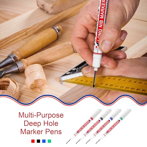4 Stück Tieflochmarker, Bohrlochmarker, 20mm Extralange Spitze Lochmarkierer Wasserdichte Permanentmarker für Wände, Holz, Kunststoff, Glas, Metall, Karton (Schwarz, Blau, Rot, Grün)
