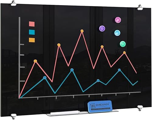 Miniatura 1 de Pizarra de cristal negro de borrado en seco de 48 x 36 pulgadas, pizarra blanca de vidrio magnético con superficie negra para pared, 4 x 3 pies