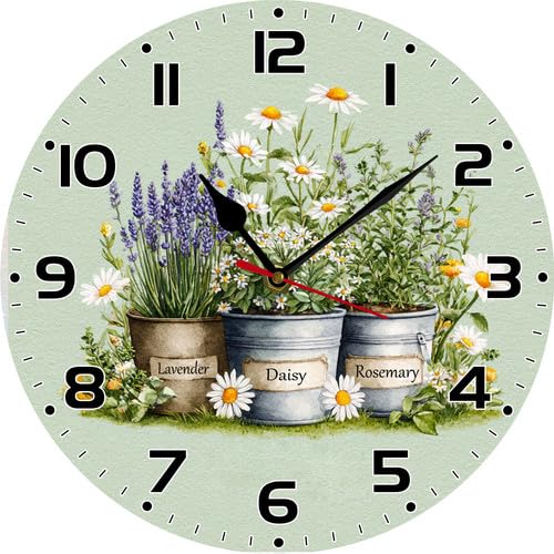 Geroclonup Flower Herbs Wall Clock 25cm Silent Non-Ticking Battery Operated Quartz Round Wooden Wall Clock Decorative for Kitchen Bedroom Living Room Home Decor
