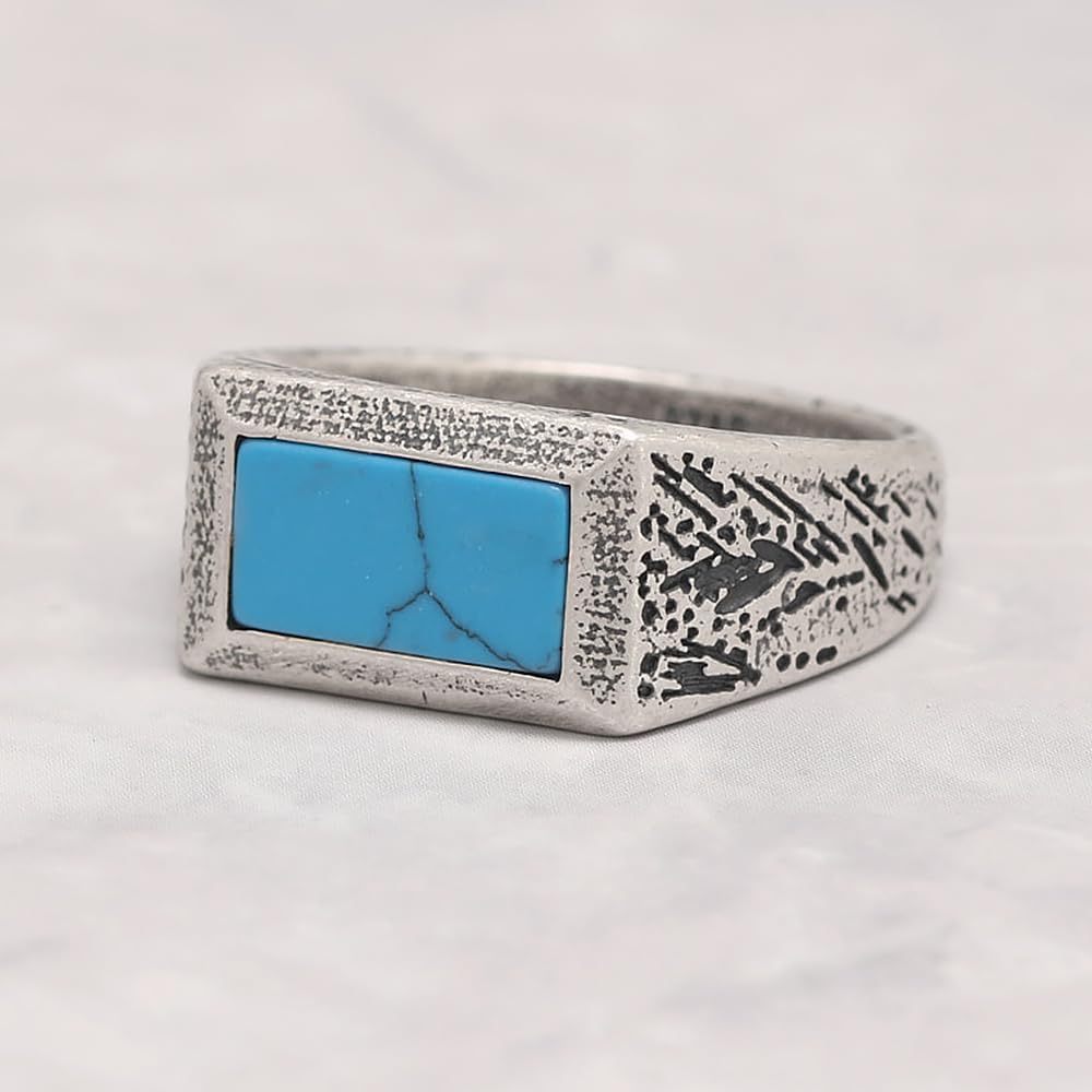 925 Sterling Silver Turquoise Signet Ring for Men, 6×11mm Rectangular Stone, Handcrafted Vintage Finish, Valentine's Day Gift for Him - Image 2