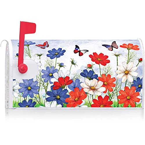 Image of Texupday USA Patriotic Butterfly Pansies Floral July 4th Mailbox Cover with Magnetic Strip Memorial Day Mailbox Wraps Post Letter Box Cover Standard Size 21 inch X 18 inch for Garden Outdoor Yard Decor