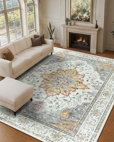 RELEANY Area Rugs 9'x12' Washable Non-Slip, Floral Vintage Distress Print