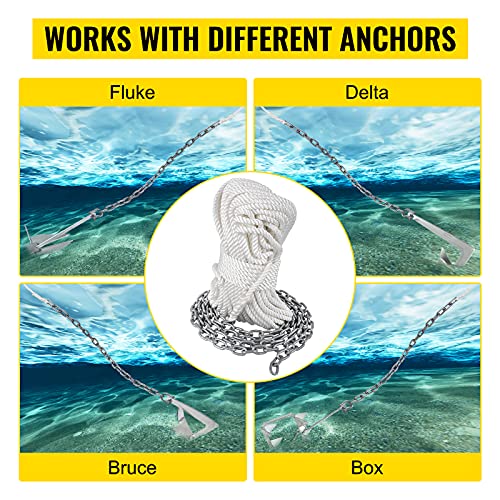 Vevor Anchor Rope And Anchor Chain, 15' X 5/16" Boat Anchor Chain And 1/2" X 200' Nylon Rope With 12" Extended Anchor Rope, Galvanized Anchor Lead Chain And Three Strand Nylon Rope For Boats #TOP6