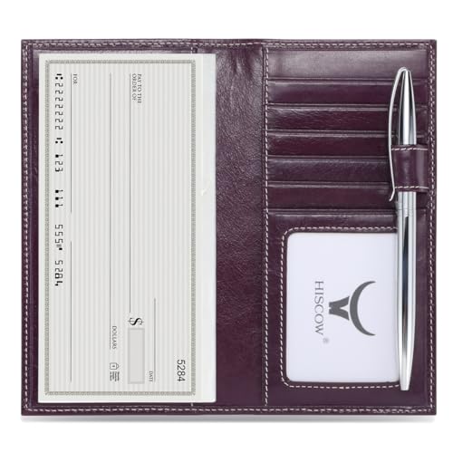 HISCOW Leather Checkbook Cover with Card Slots, Antiqued Purple