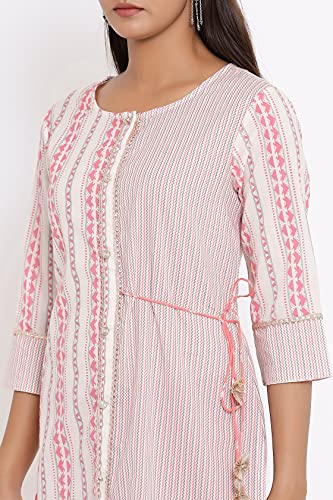 Image of JAPER KURTI Woman's Cotton Geometric Print White Color 3 /4th Sleeve Round Neck Straight Kurta