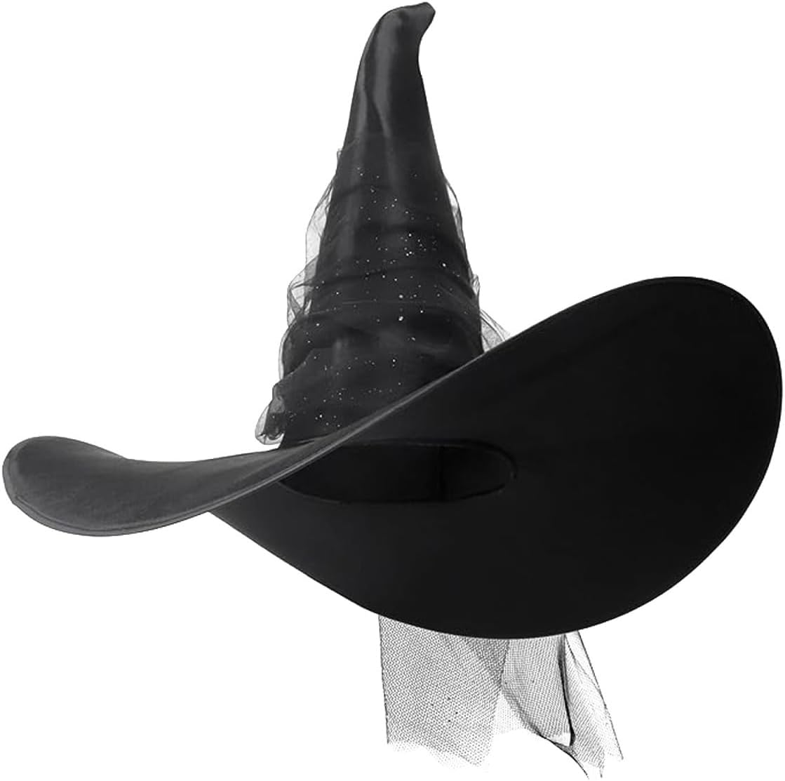 UKCOCO Black Witch Hat for Women, Pleated Mesh Gothic Wizard Cap with Veil
