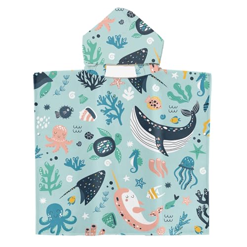 FYting Toalla Playa Bebe,Toalla Bebe Playa,Toalla Piscina Niño,60x60cm Toalla Absorbente de Microfibra, Tres En Uno, NatacióN para Yukata, Playa, Capa con Capucha, 2-8 Años (Ballena)
