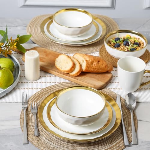 Image of vicrays Ceramic Salad Bowls Set for Kitchen, Serving - 24 Ounce Soup Bowls, Pasta Bowls, Chip Resistant, Dishwasher Safe, NOT Microwave Safe, Fluted, Stoneware, Set of 6 (White with Golden)