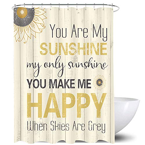 Homewelle Inspirational Sunshine Shower Curtain Motivational You are My Sunshine 60Wx72H Wood Quotes Yellow Gray Grain Geometric Sunflower Simple Rustic 12 Pack Hooks Polyester Fabric Bathroom Bathtub