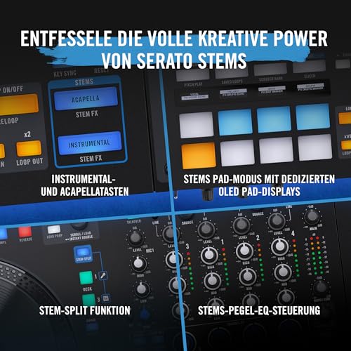 Rane FOUR Fortgeschrittener 4-Kanal Stem DJ-Controller, 8.5 Zoll Jogwheels mit Displays, DJ-Mixer mit FX, Enthält Serato DJ Pro und Pitch ‘n Time DJ