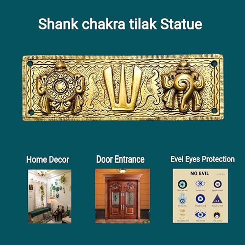 Image of FLAIMYST Shank Chakra Tilak for Door Entrance in Aluminium Metal, Tirupati Door Wall Hanging Shankh Chakra Namah Decorative for Home, Office, Room, Religious House Warming (Gold Plating Antique)