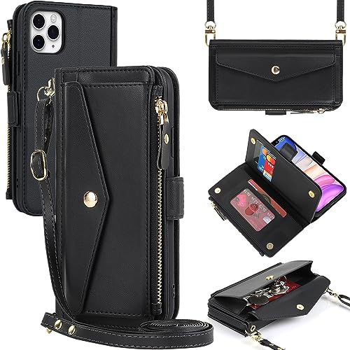 Zouzt for iPhone 11 Pro Max Wallet Case for Women Purse with Credit Card Holder Slots Crossbody Lanyard Strap Zipper Flip Book Shockproof Protective Phone Cover for Apple 11 Pro Max 6.5 Inch (Black)