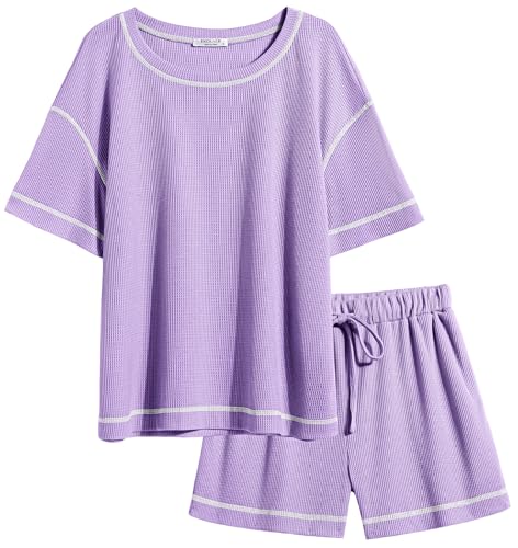 Image of Ekouaer Women's Waffle Knit Two Piece Lounge Set, Soft Matching Outfits for Daily Wear, Casual Shorts Set with Pocket
