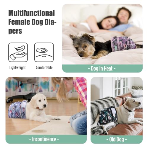Image of wegreeco Female Dog Diapers, Washable Reusable Pet Puppy Doggie Diapers for Small Medium Large Female Dogs in Heat Period, Doggy Period Panties, 5 Pack, Medium, A Sea of Flowers