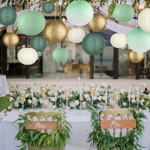 Image of 15-Pack Sage Green Gold Paper Lanterns, Hanging Classroom Decor | 6,8,10 Inch Hanging Lanterns for Weddings, Bridal Showers, Graduations, Anniversaries & Baby Showers