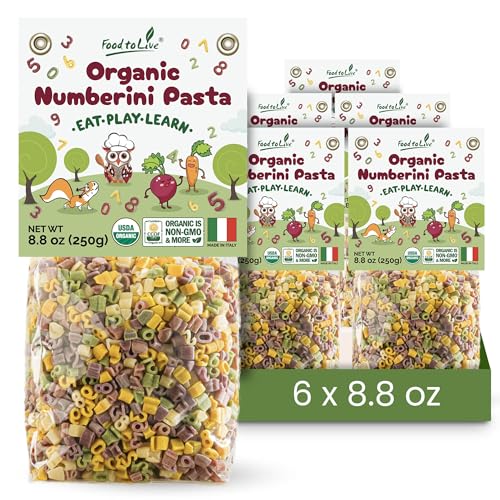 Food to Live Organic Numberini Pasta - Eat. Play. Learn, 8.8 oz (Pack of 6) – Multicolor Italian Fun Kid's Pasta, Made with Roots and Vegetables, Non-GMO, Bulk