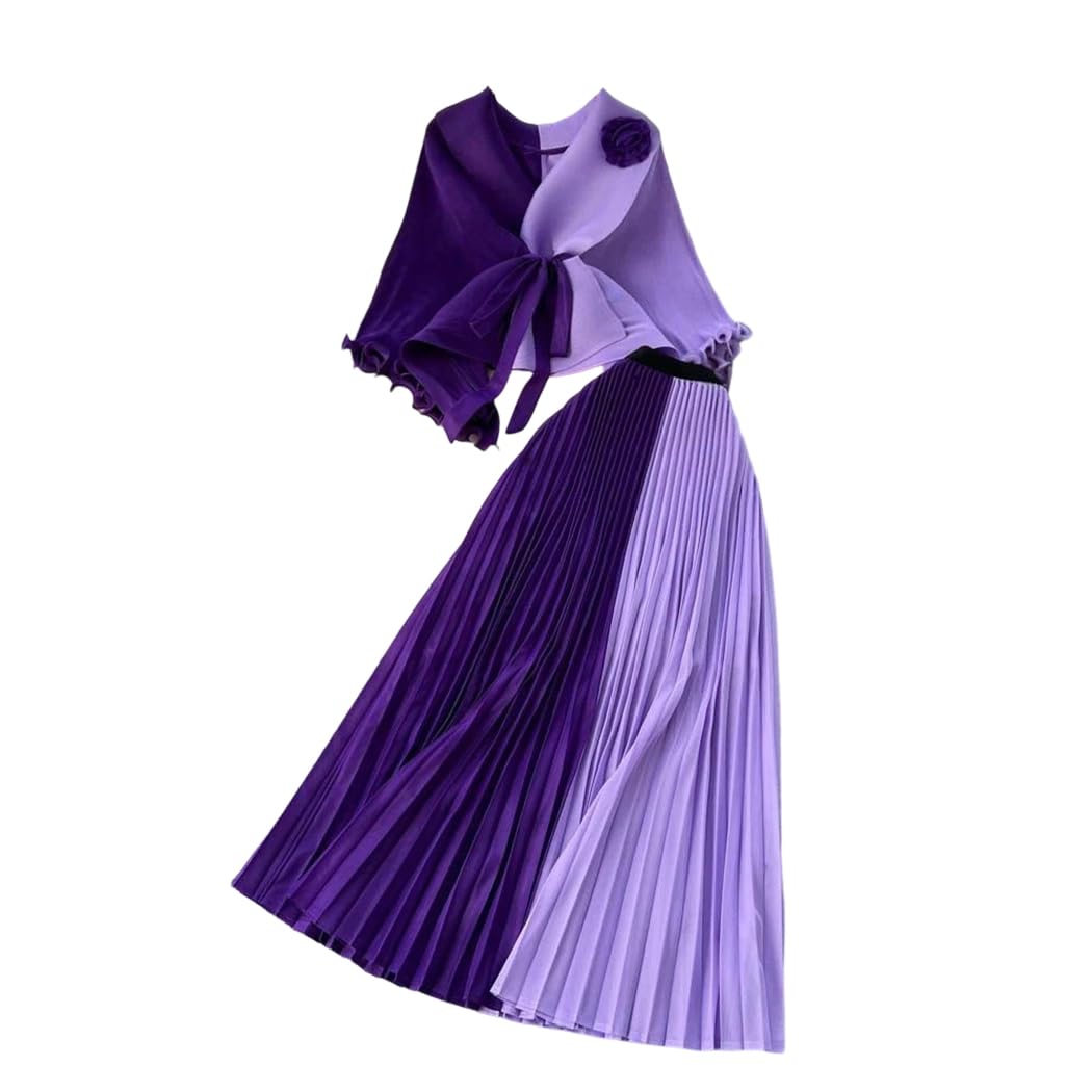 Conjunto de falda plisada de dos piezas para mujer, sin mangas, con lazo en la cintura, cintura alta, falda midi para viajes y oficina, Morado (, Altoa única