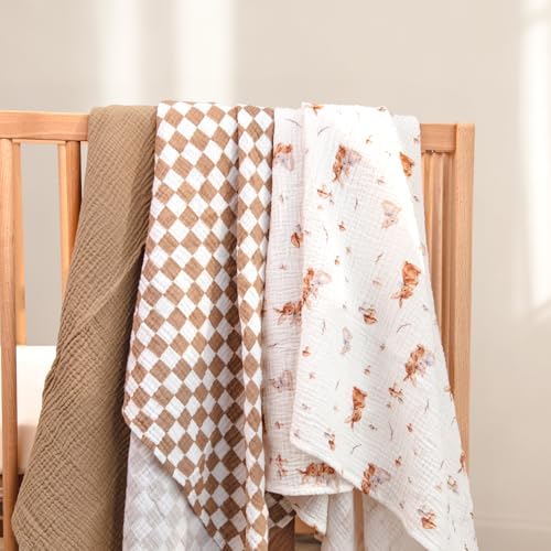 Image of lulumoon Muslin Swaddle Blankets for Baby: Lightweight & Breathable Receiving Blankets for Hospital - Neutral Registry Gift for Newborn 3pack (Brown Bunny)