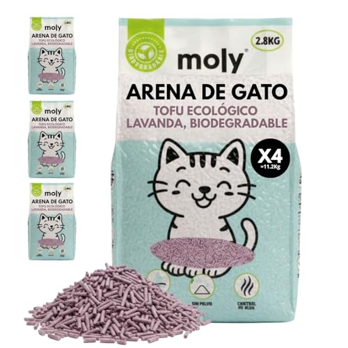 MOLY x4 Arena de Gatos Tofu y Lavanda 11,2 KG 14,8 L | Arena Biodegradable y Aglomerante Alta Absorcion con Aroma de Lavanda y Talco | Control Total de Olores | Sin Polvo | Lecho Mineral Higienico