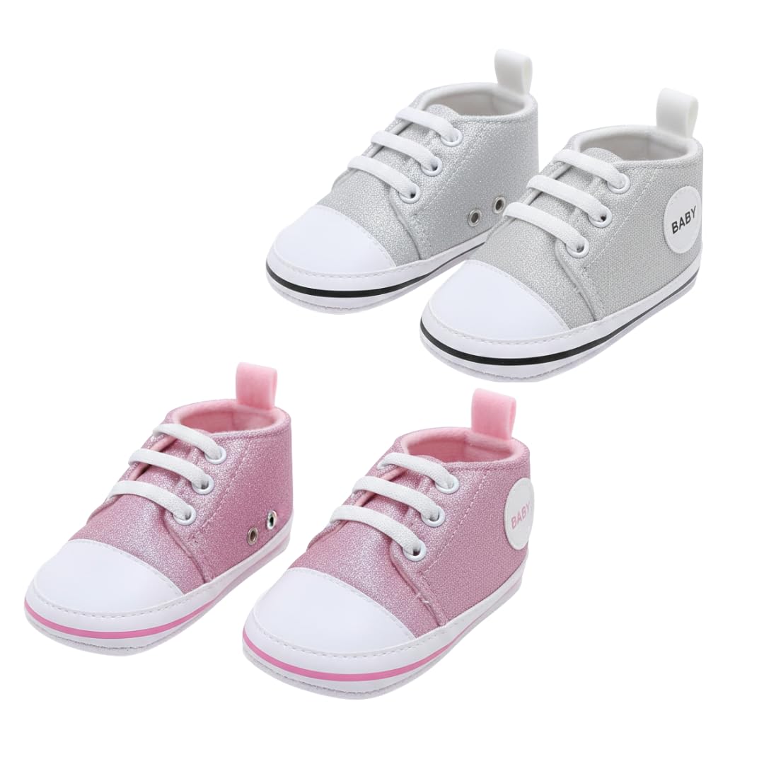 puresole Baby Girl Glitter Booties, Soft Sole Lace-Up Pre-Walker Shoes with Memory Foam, 6-12 Months, Cotton, Pack of 2-picture-26