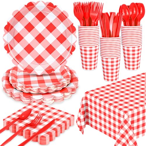 WNINK 176 PCS Red Gingham Plates and Napkins Red Checkered Disposable Plates Set with Napkins Cups Plastic Spoons Forks Knives for Dinner Birthday Baby Shower Wedding Supplies Serve 25 Guests