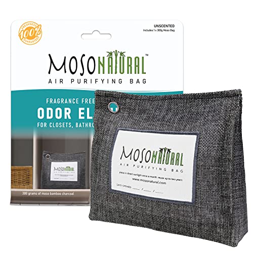 MOSO NATURAL: Bolsa purificadora de aire original, 300 g, diseño de pie para armarios, baños, áreas de mascotas, un eliminador de olores sin perfume y sin productos químicos (carbón)