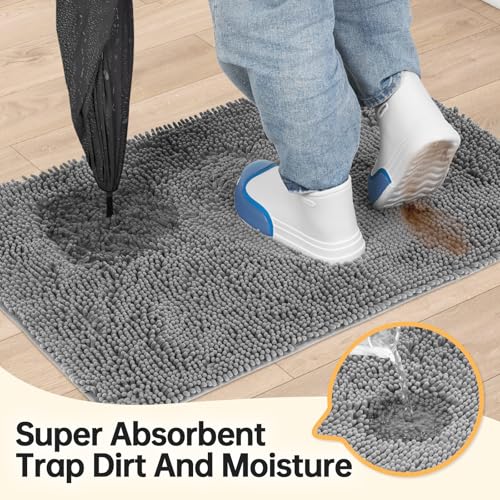 Image of Absorbent Dog Door Mat for Muddy Paws, 60 inch x 30 inch Chenille Indoor Mats for Entryway, Trap Dirt Front Door Mat Indoor Entrance Washable Non Slip Soft Light Grey