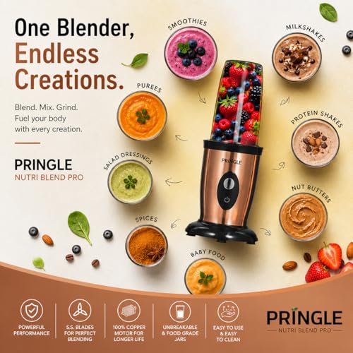 Image of Pringle High Speed Nutri Blender 600W 22000 RPM | 3-in-1 Grind Mix Blend | 100% Copper Motor | SS Blades | 2 Unbreakable Jars | Smoothie Maker | 2 Year Warranty | NB100 Pro | Copper