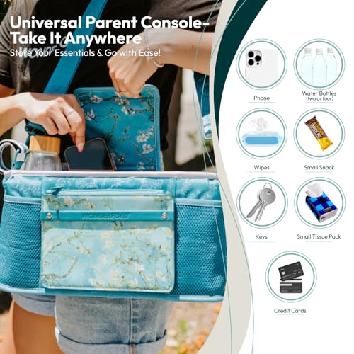 Image of WONDERFOLD Universal Parent Console Stroller Organizer with Insulated Cup Holders, Hook & Loop Closure Handle Attachment, 2 Storage Pockets, Removable Shoulder Strap for Easy Transport