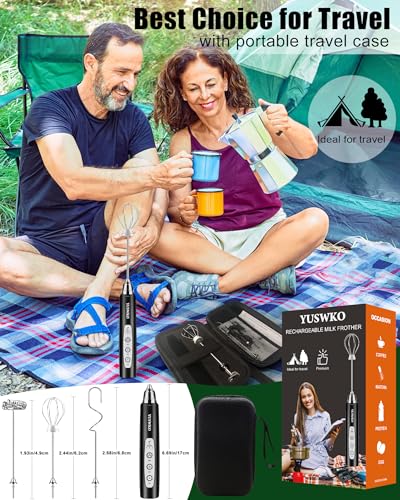 Image of YUSWKO Rechargeable Milk Frother Handheld Frother Wand Drink Mixer for Coffee, Electric Whisk 3 Speed Adjustable, Coffee Foamer Maker with 3 Stainless Whisks Ideal Stirrers for Travel - Black