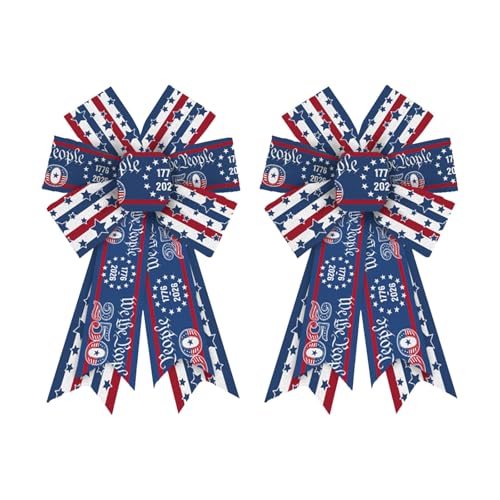2Pcs USA 250th Anniversary Wreath Bow 250 Years Patriotic Bows for Wreaths, Stars and Stripes Ribbon Tree Topper Bow 4th of July Decor Bows for Home Indoor Outdoor Decoration Wreath Ornament Supplies