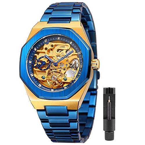 Montre automatique homme en acier avec tourbillon diamant de luxe bleu