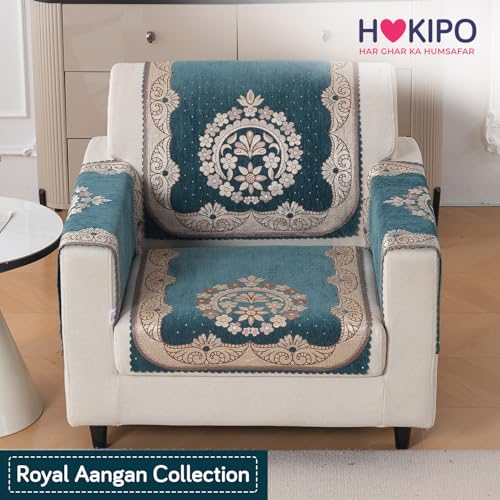 Image of HOKIPO Shahi Teal Premium Chenille Jacquard Sofa Cover for 1 Seater for Seat & Back, 'Royal Aangan Series' (IN-1006-L2*2)