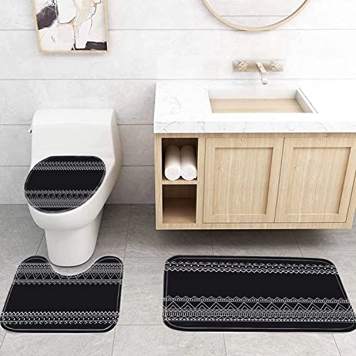 Ddqq 4Pcs Black Boho Shower Curtain Set With Rugs, Modern Abstract Geometric Bathroom Decor Set With Accessories, Vintage Stripes Bohemian Waterproof Shower Curtain For Bathtub Decor #TOP3