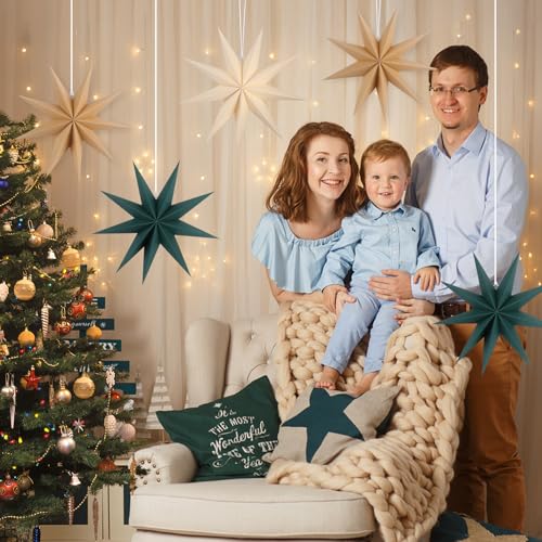 Image of 12 Inches 5 PCS Brown Green Beige Paper Star Lanterns Christmas Party Decorations Hanging Stars Christmas Party Decorations Wedding Birthday Christmas Home Party Decorations(9 Pointed)