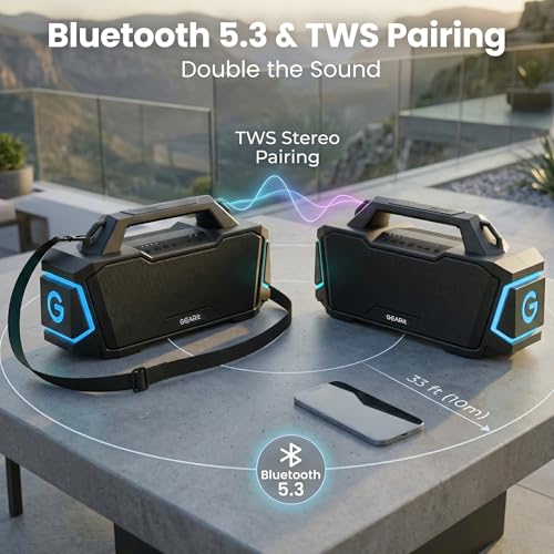 Image of GEARit Boombox Outdoor Speaker Portable | 120W Subwoofer Deep Bass Karaoke | IPX6 Waterproof RGB Light Bluetooth 5.3 EQ | AUX /MicroSD /USB Power Bank 12H Playtime for Camping Beach Party Pool Gift