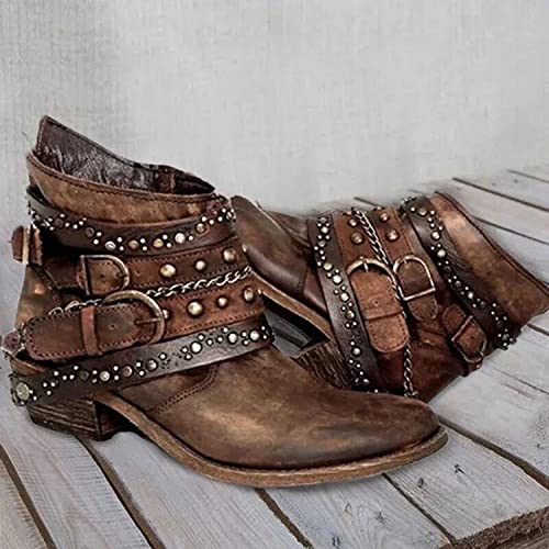 Women Vintage Western Cowboy Boots Chunky Low Heel Cowgirl Ankle Booties Motorcycle Leather Bootie Shoes2