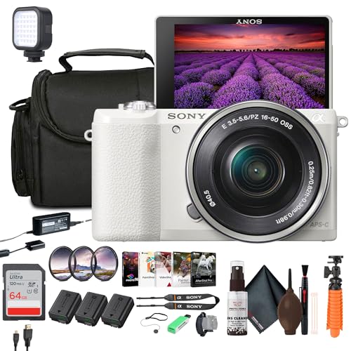 Sony Alpha a5100 Mirrorless Camera with 16-50mm Power Zoom Lens | 24.3MP APS-C Sensor, Fast Hybrid Autofocus (White) + Filter Kit + 64GB Card + 2 x NPF-W50 Battery + Card Reader + More