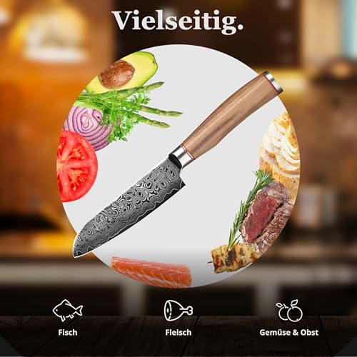 Foto von zayiko Kurumi Premium kleines Santokumesser mit 12 cm Klinge gefertigt aus 67 Lagen echtem Damaststahl mit Nussbaumgriff I Holzbox I Damastmesser Küchenmesser und Profi Kochmesser