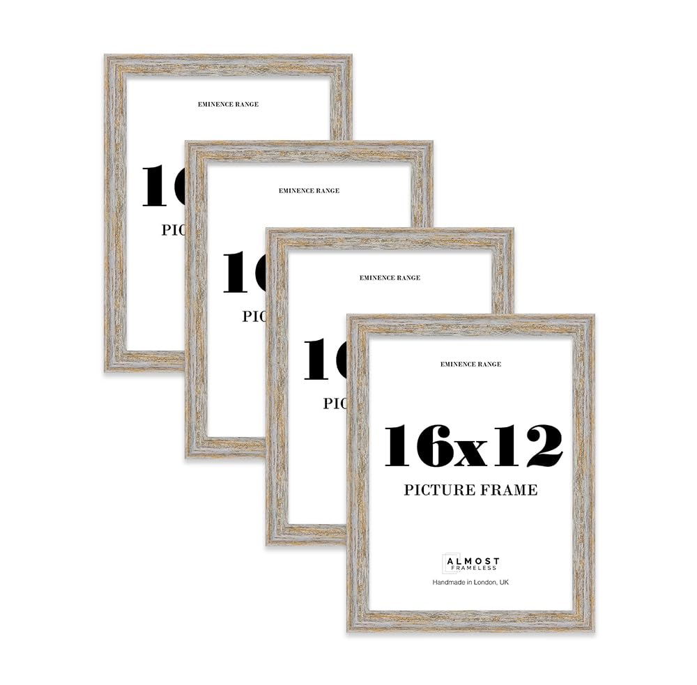 16x12" Walnut Woodgrain Picture Frame - Rustic Wood Industrial Effect Photo Frame for Wall Display, Ideal for Posters, Prints & Home Décor, Wall Hooks, 32mm Edge - 4 Pack