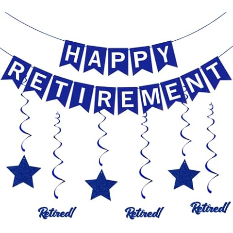 Happy Retirement Blue Banner with 6 Pieces Hanging Swirl Retirement Party Supplies Happy Retirement Party Decorations Retirement Party Plates Farewell Party Decoration Farewell Party Supplies Cover