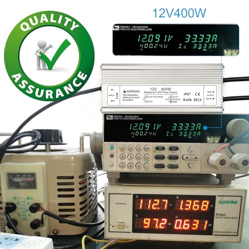 Image of 12V 400W LED Power Supply, IP67 Waterproof LED Driver, AC 90-140V to DC 12 Volt 33.3A Low Voltage Transformer Converter for Outdoor LED Strip Lights, Landscape Lighting, 3-Prong Plug with 3.3FT Cable