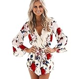  Bold Manner Combishort Romper Manche Longue Femme Fille Combinaison Jumpsuit Col V Impression Floral Bohême Printemps Eté Multicolore EU40-42/Tag XL