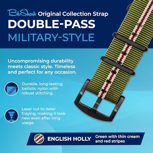 Image of BluShark - Original Collection Military-Style Waterproof Watch Strap, Fits All Timepiece Brands, Durable Nylon Wristwatch Accessories with Stainless Steel Buckle - 18mm, 20mm, 22mm & 24mm Watch Bands