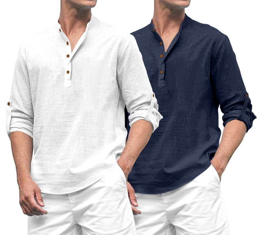 Image of ROYALSCOUT Combo of Men's Solid Cotton Blend Full Sleeve Straight Kurta Shirt (Pack of 2)